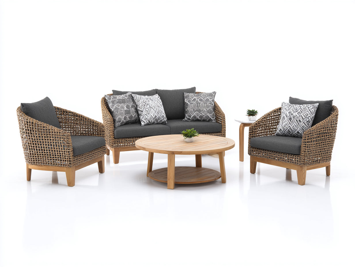 Gartensofa Rattanoptik Set mit Sesseln und Tischen 205x80x78 cm - Naturbraun-Dunkelgrau - modernes Design
