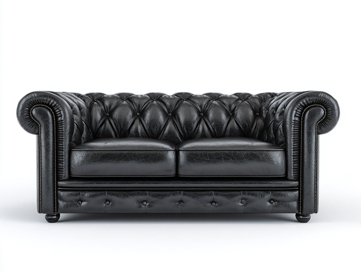Gerades Sofa Lederoptik mit Chesterfield Steppung 220x90x78 cm - Schwarz - klassisches Design