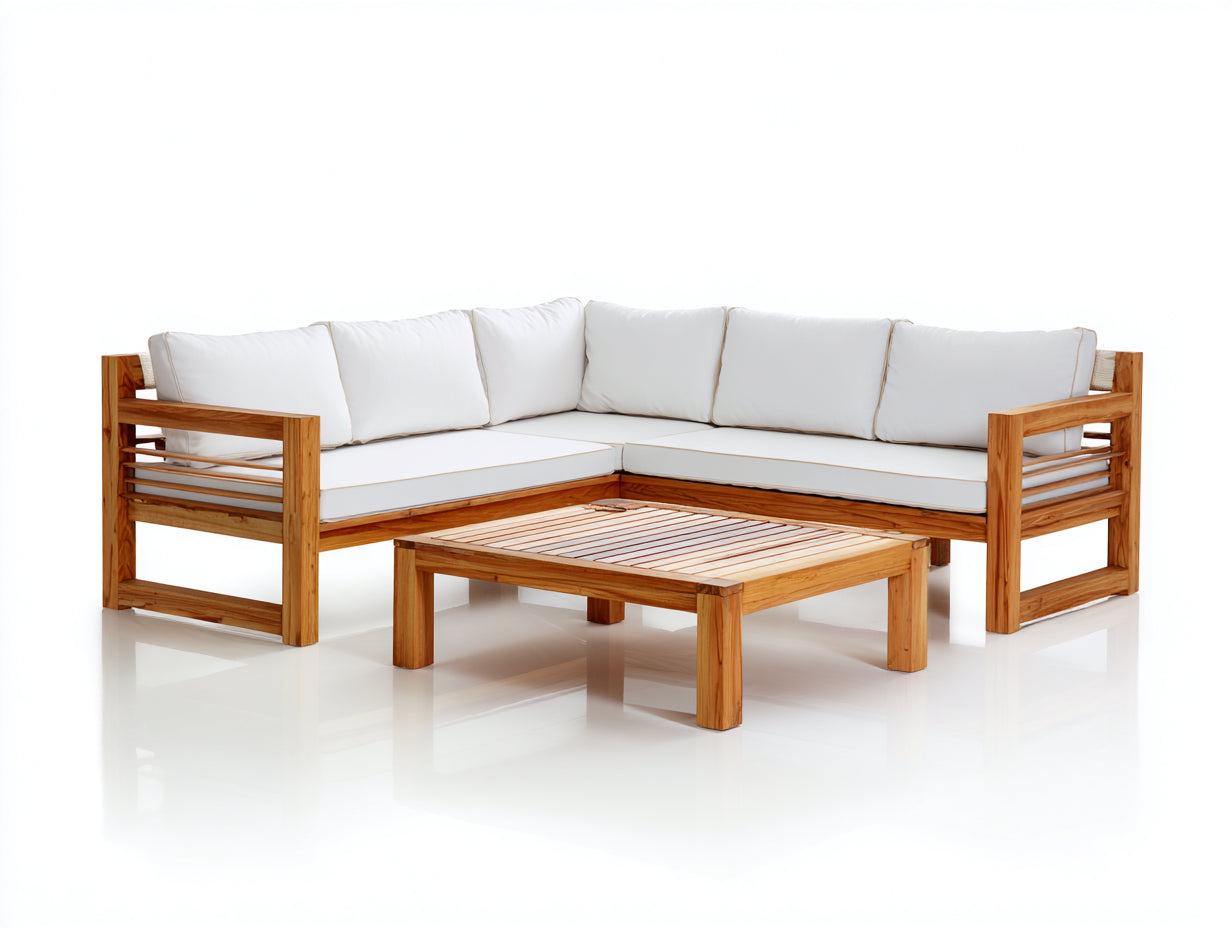 Gartensofa Holz mit Polster 250 x 250 x 78 cm - Naturholz-Weiß - für Terrasse modernes Design