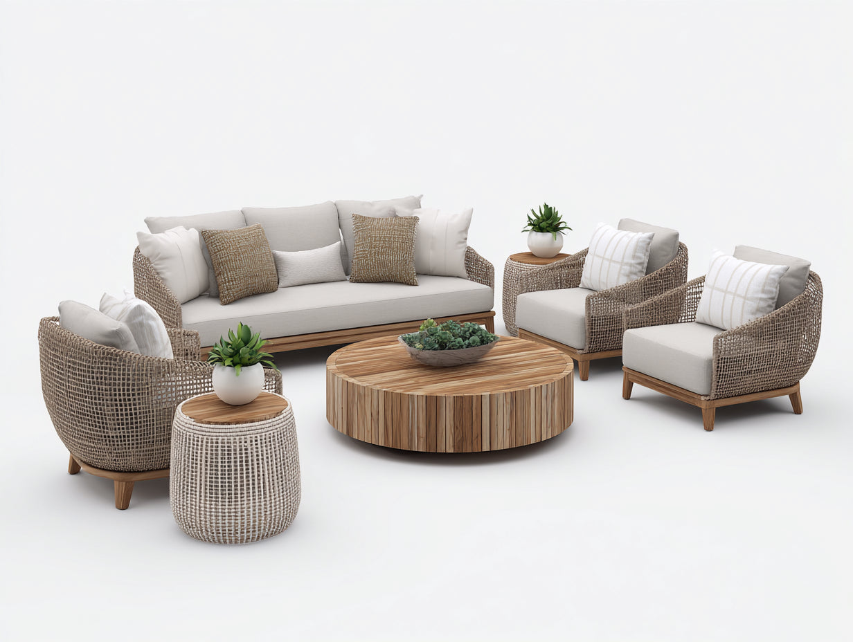 Gartensofa Polyrattan mit Polster 300 x 230 x 78 cm - Naturbraun-Beige - für Terrasse modernes Design