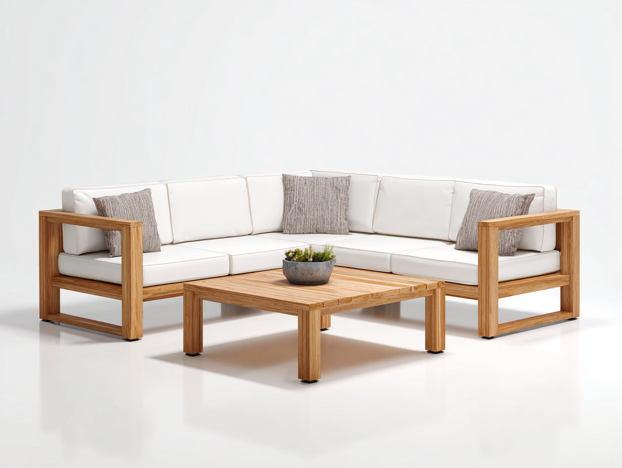 Gartensofa 250x250x72 cm - Holz braun-weiß - modernes Outdoor-Set mit Tisch