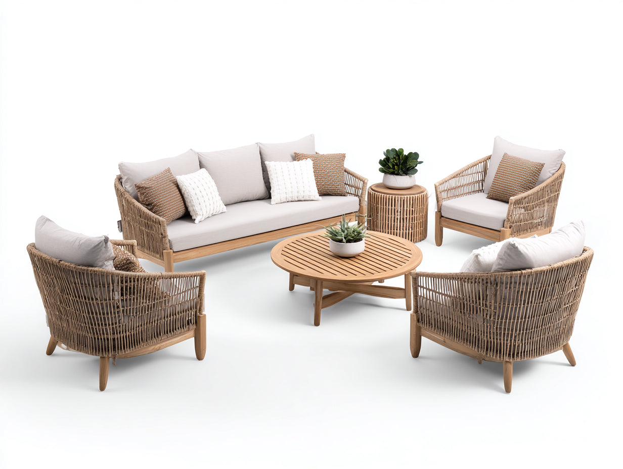 Gartensofa Rattanoptik Set mit Sesseln und Tischen 210x82x78 cm - Naturbraun-Beige - modernes Design