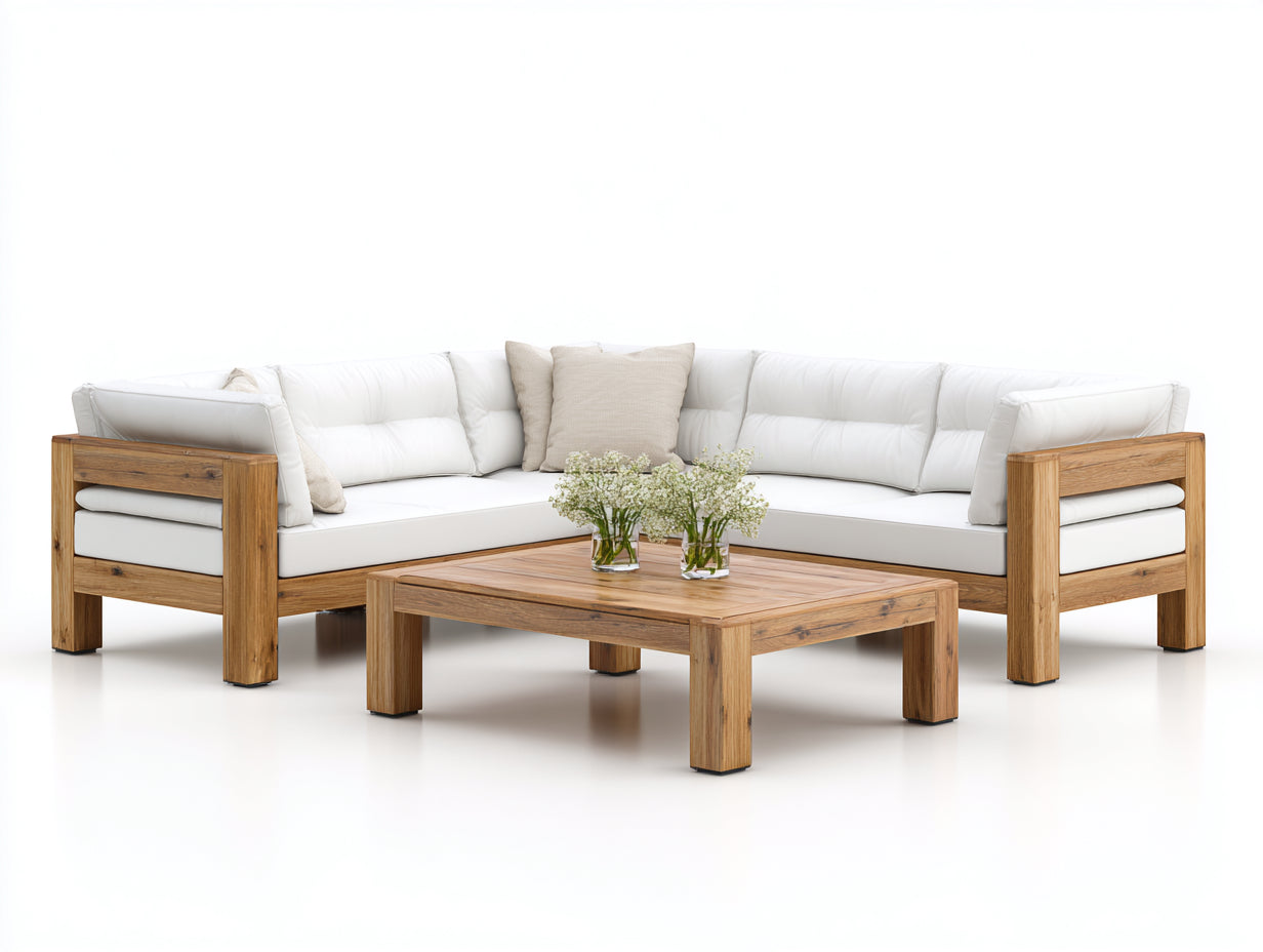 Gartensofa Holz 260x260x76 cm - Naturholz-Weiß - modernes Lounge-Set für Garten