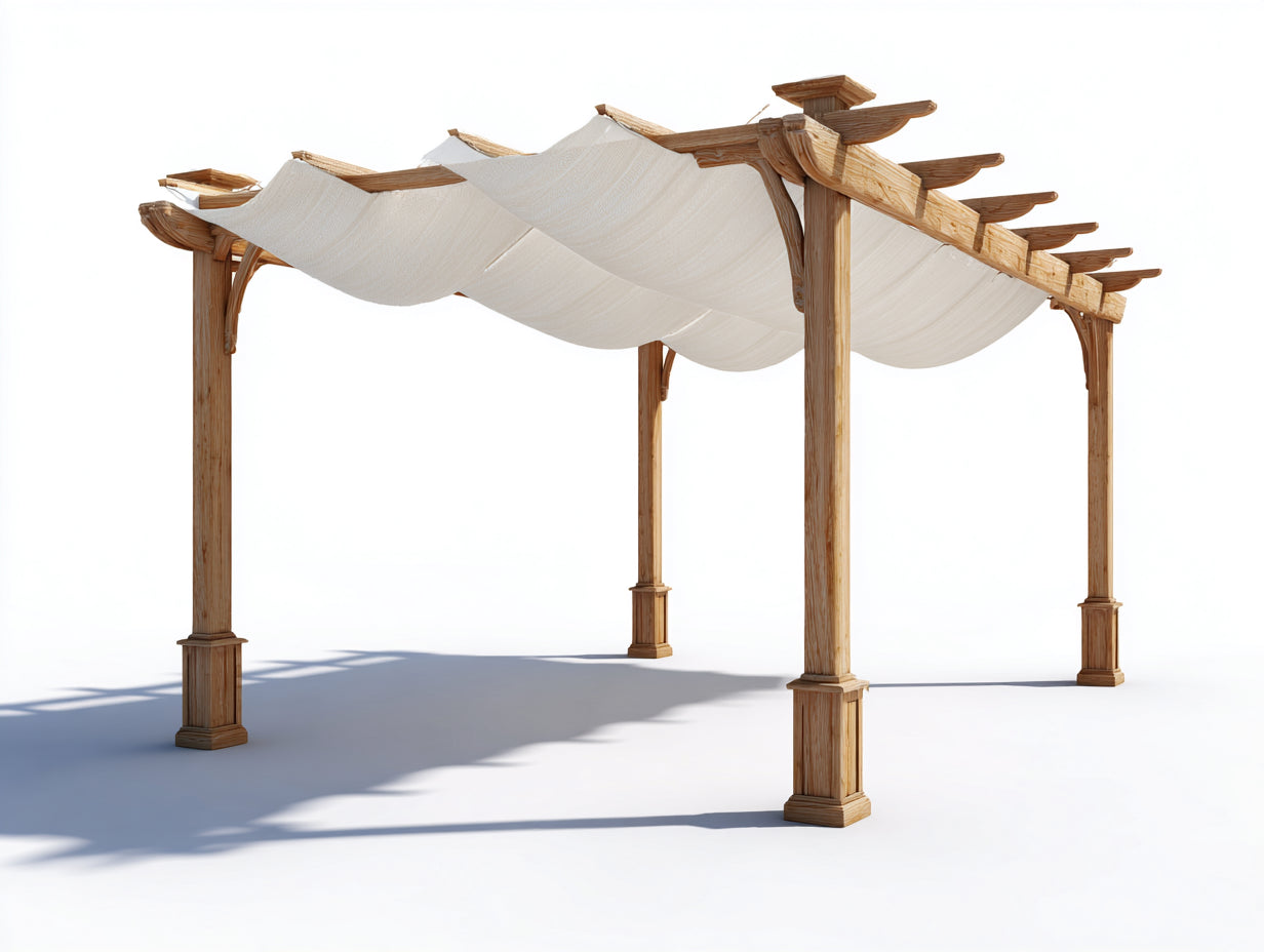 Pavillon Holzrahmen mit Stoffdach 335x285x245 cm - Naturholz-Cremeweiß - klassisches Design