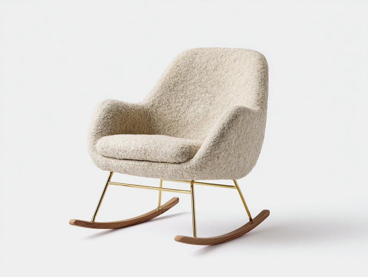 Schaukelstühle 81x91x93 cm - Teddy-Stoff in Beige mit Metall und Holzkufen - moderner Wohnstil