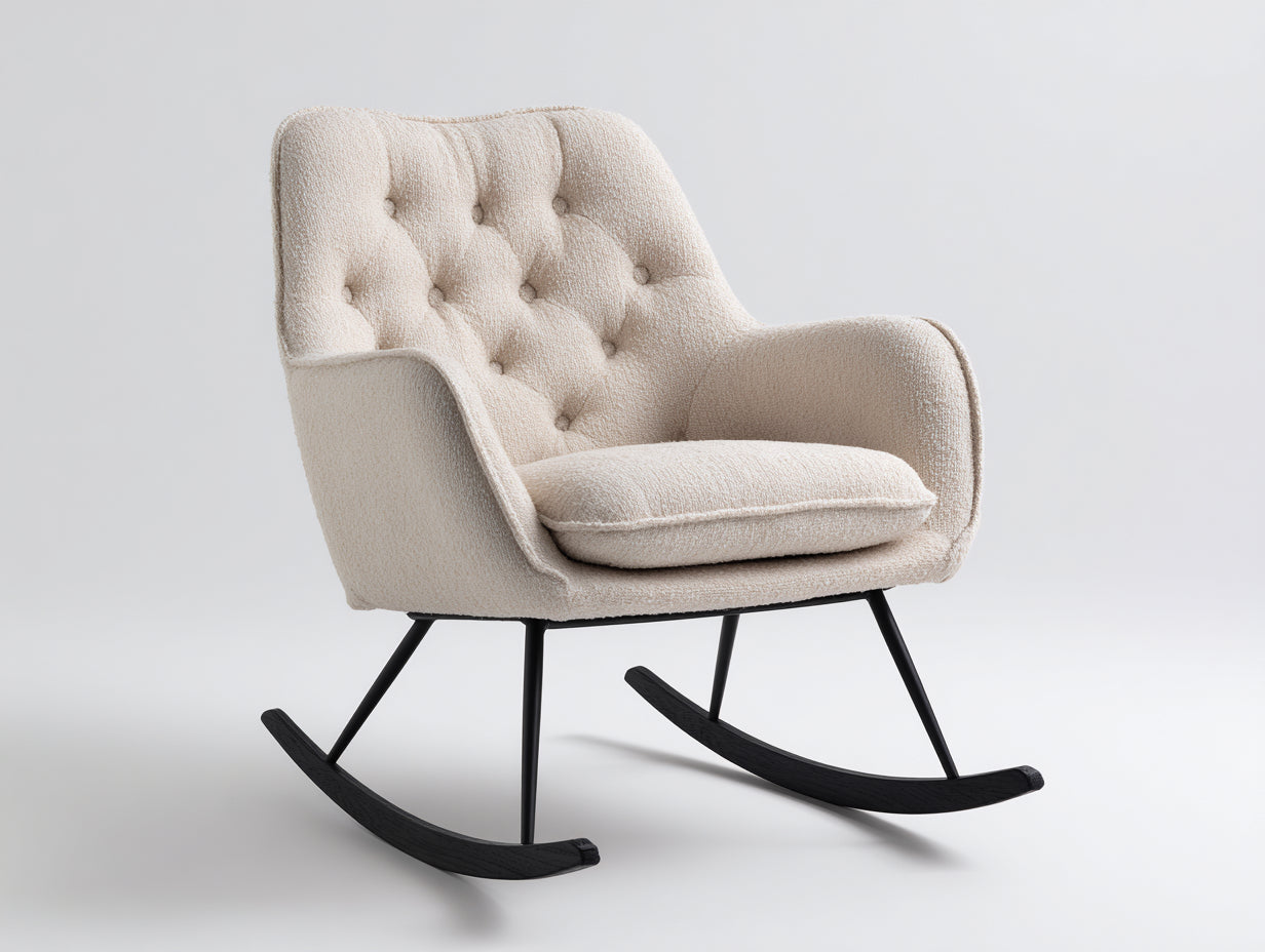 Schaukelstühle Boucle Stoffbezug mit Metallgestell 80x88x94 cm - Cremeweiß-Schwarz - modernes Design